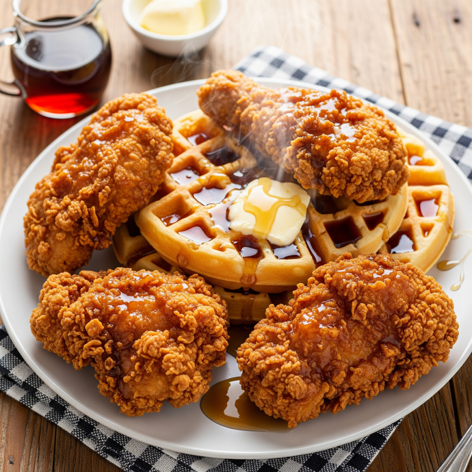 Fried chicken on a waffle with syrup on a plate, served with butter and syrup on the side