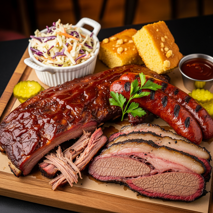 Barbecue platter with ribs, sliced brisket, sausage, coleslaw and cornbread