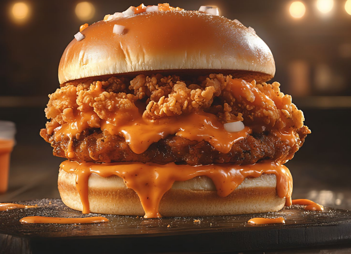Close-up of a crispy fried chicken sandwich with melted cheese and sauce on a bun
