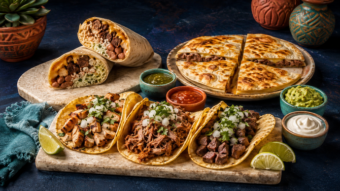 Assorted tacos and a flatbread on a serving board with lime wedges and dipping sauces