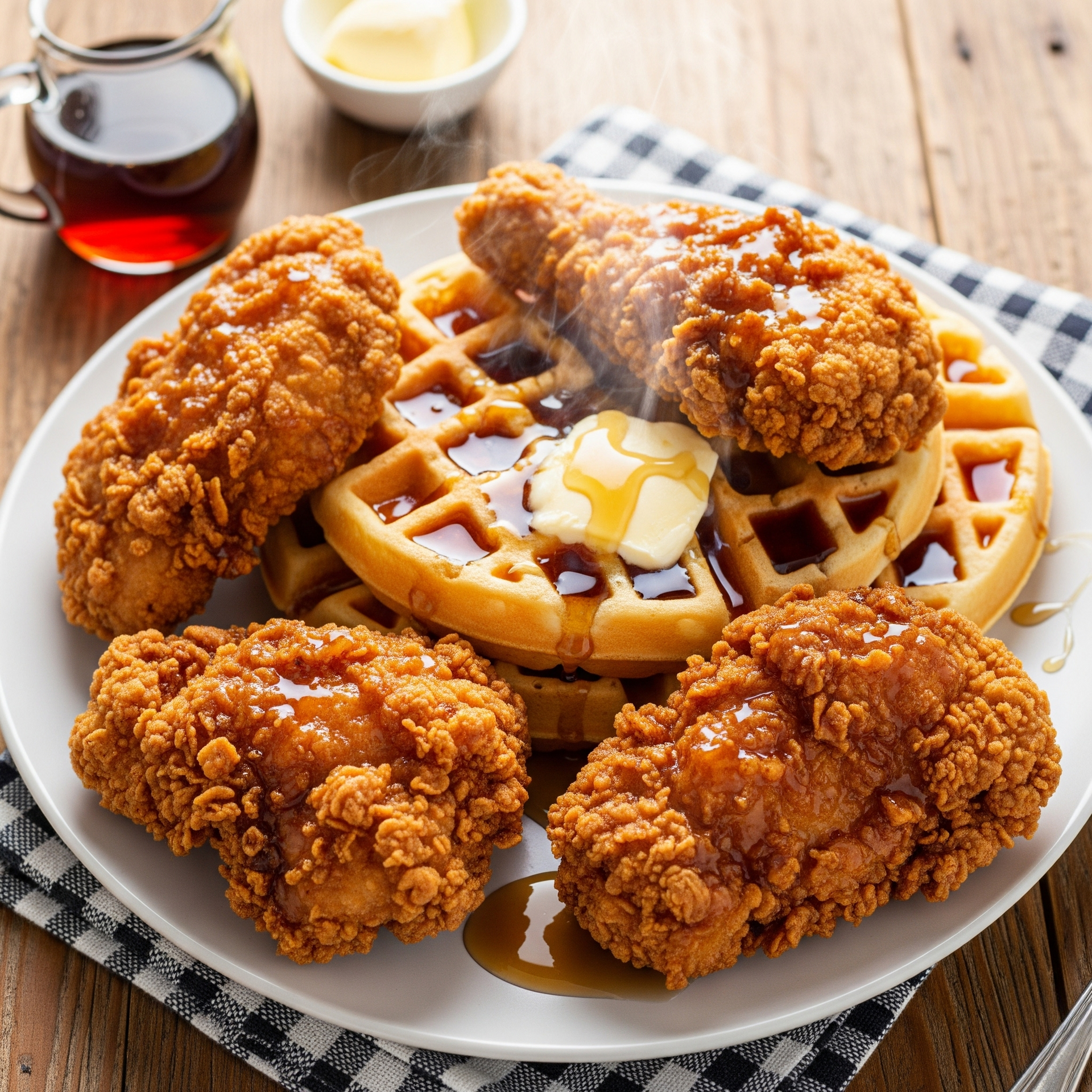 Fried chicken on a waffle with syrup and butter