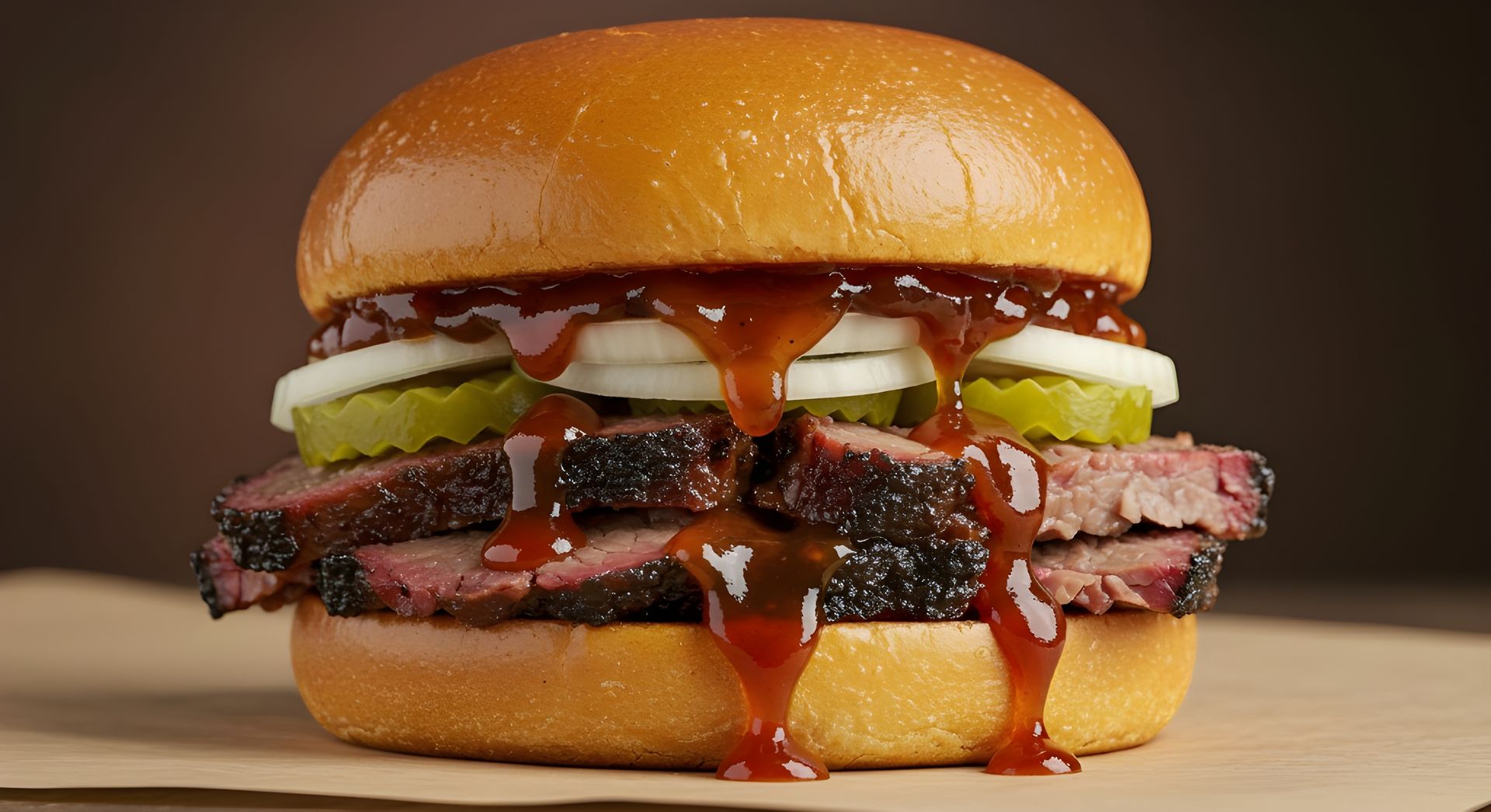 Juicy cheeseburger with pickles, melted cheese, and sauce dripping from a glossy bun