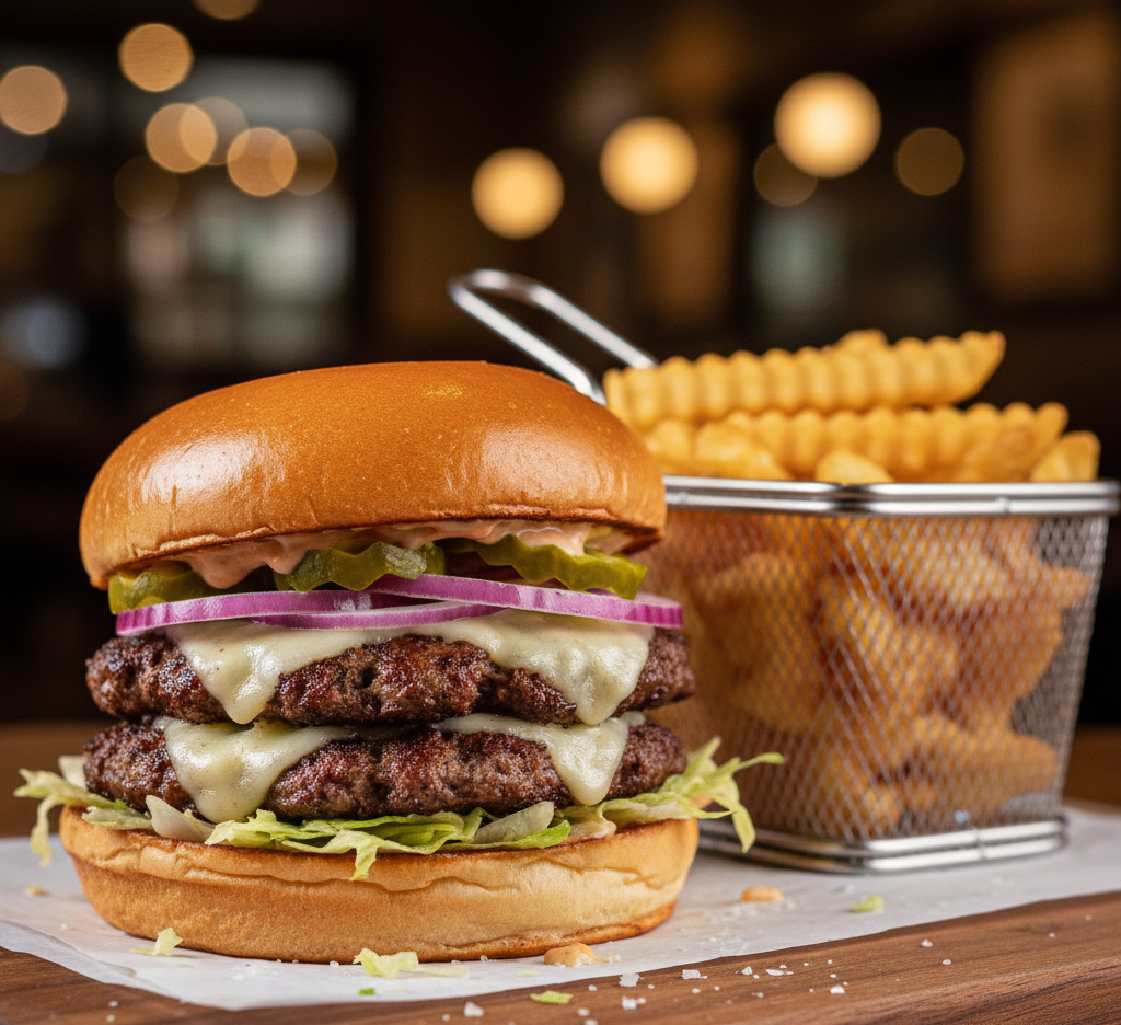 Double cheeseburger with fries in a metal basket on a wooden table